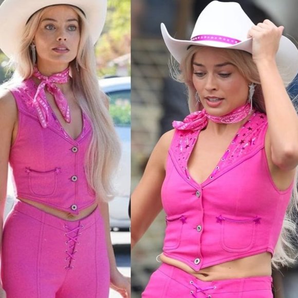 NWT Barbie Movie Pink Cowboy Blue Plaid Gold Jumpsuit Girls Halloween Co… - Picture 5 of 15